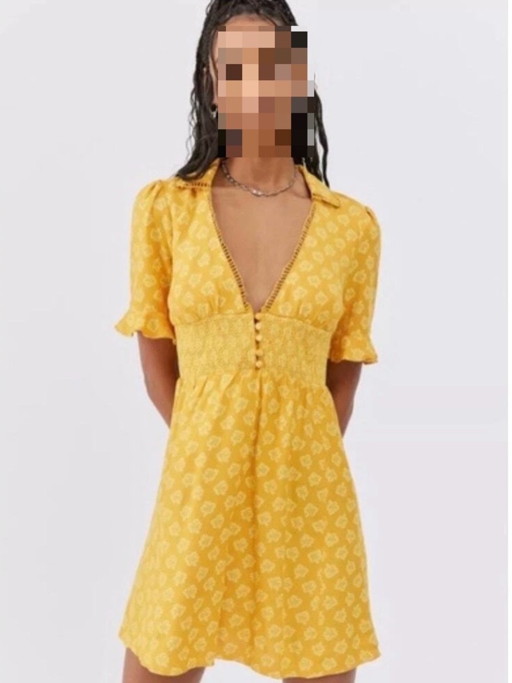 Urban Outfitters Yellow Floral V‑Neck Smocked Mini Dress